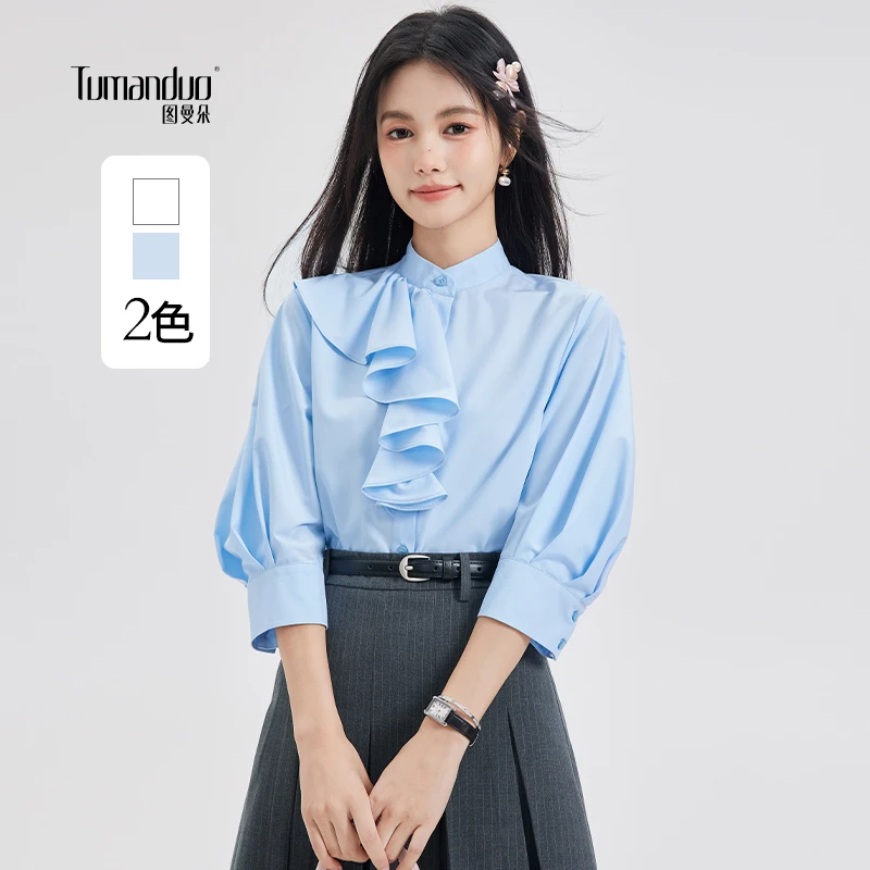 图曼朵蓝色衬衫短袖女夏季小众设计感衬衣2025夏季新款OL通勤上衣