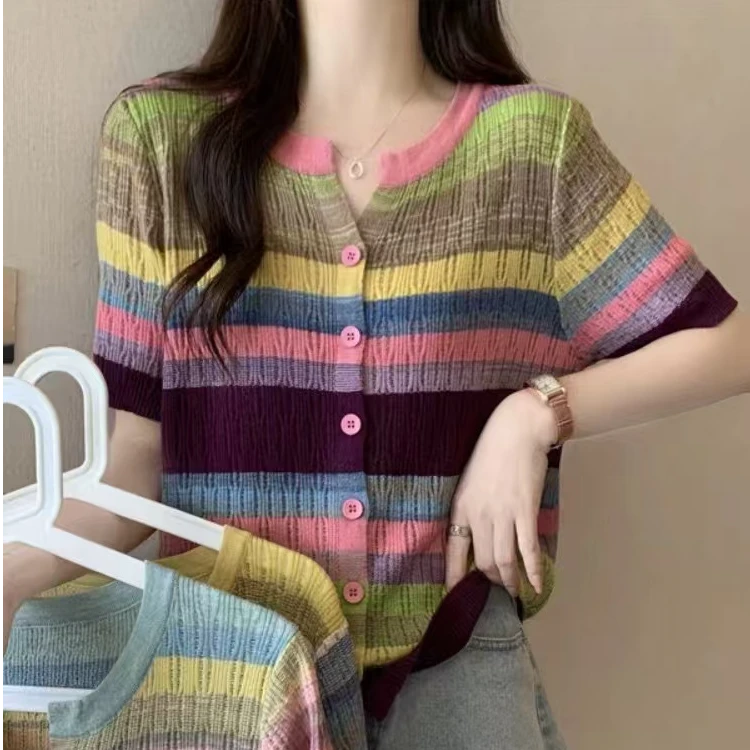 D&Q STUDIO 夏季女彩虹针织T恤短款百搭薄款显瘦洋气时尚