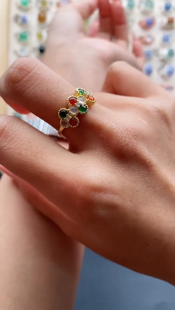 【闪购商品】翡翠戒指银S925镶嵌天然缅甸A货翡翠222 4+1