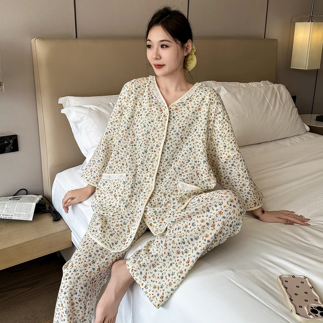 秋季双层棉纱睡衣大码胖mm宽松V领七分袖甜美风开衫家居服女200斤
