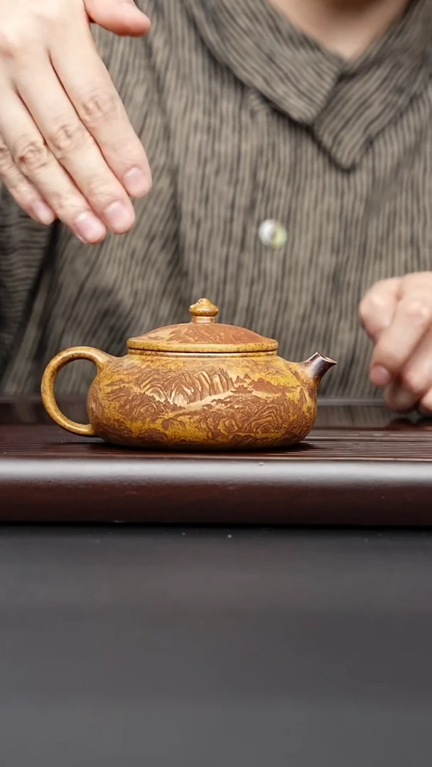 茶壶紫砂宜兴紫砂 山水牡丹寒江 龙骨金砂 曹营营