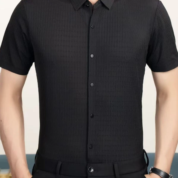 黑色镂空提花薄款透气短袖衬衫-8515