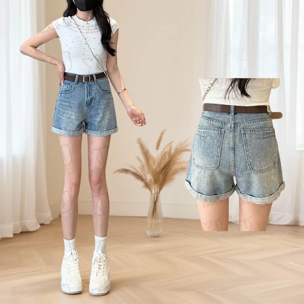 浅蓝色卷边牛仔短裤女2025夏季新款显瘦高腰宽松A字裤