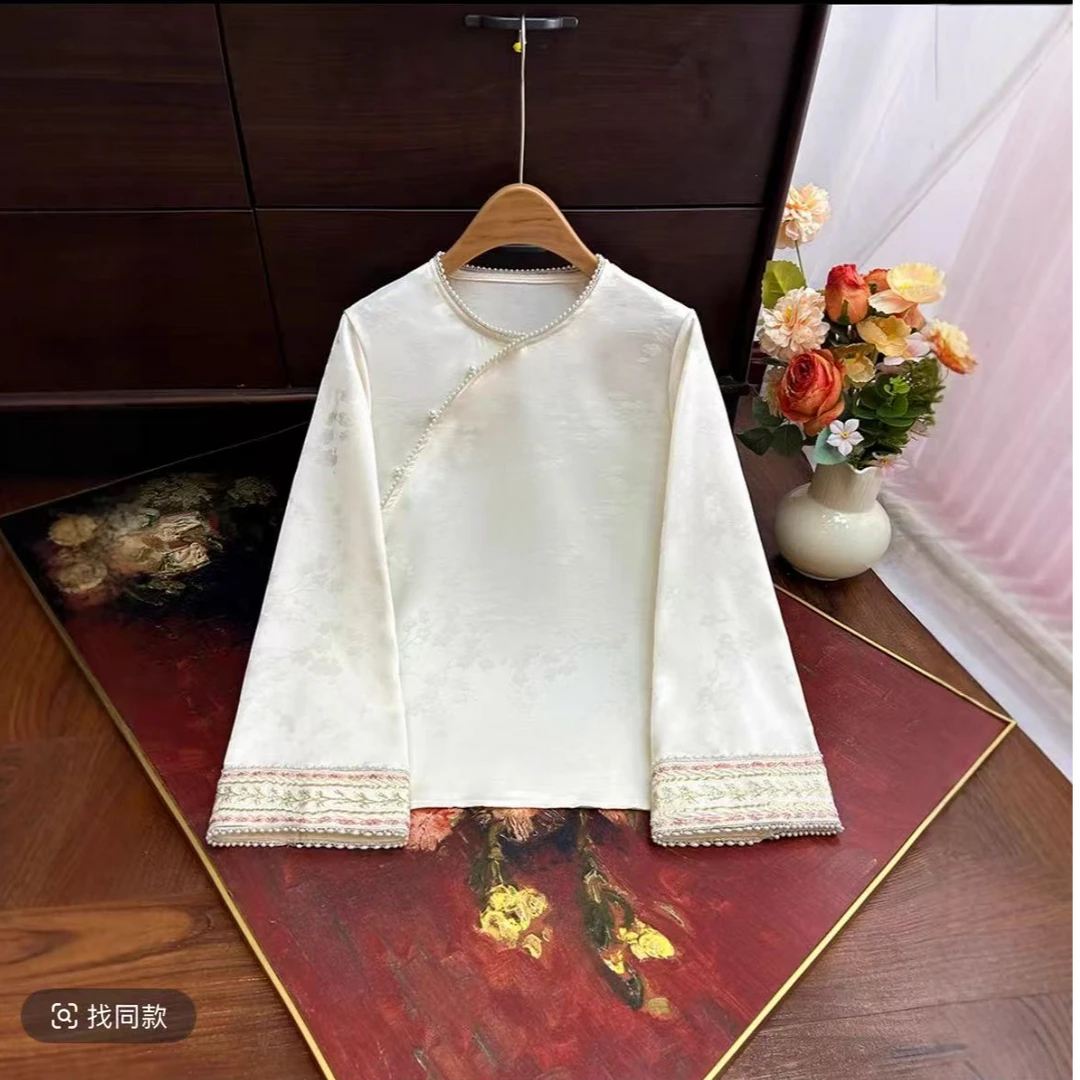 【粉衫】新中式春夏打底衫国风斜襟新款宽松衬衫八分袖袖复古小衫女