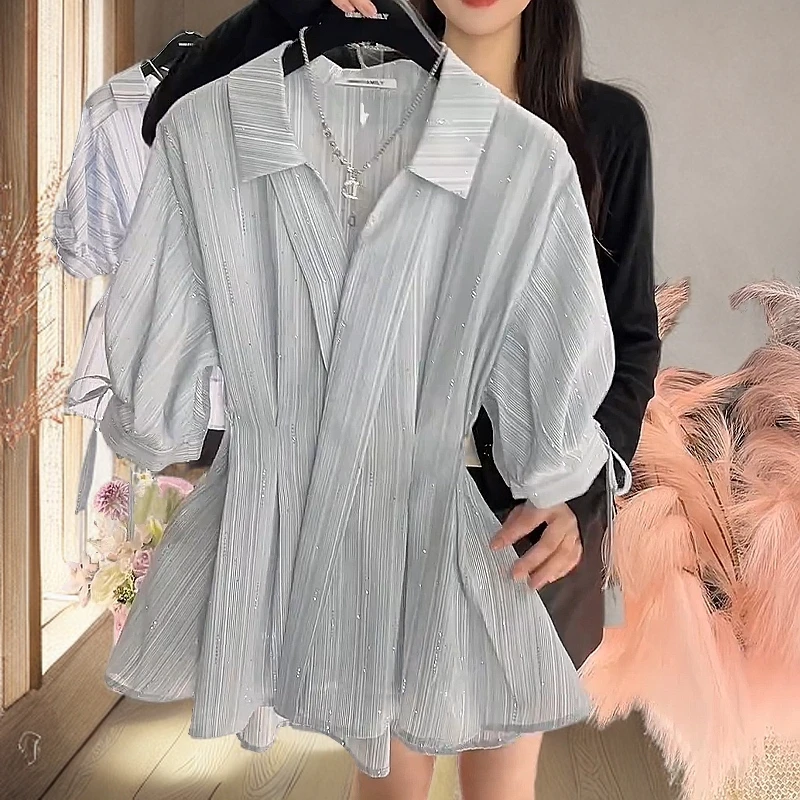 重工烫钻蓝色条纹衬衫女装夏季2025年新款v领上收腰袖口抽绳衬衣