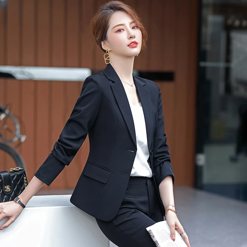 藏青色职业西装套装春秋新款大学生面试正装西装套装女装