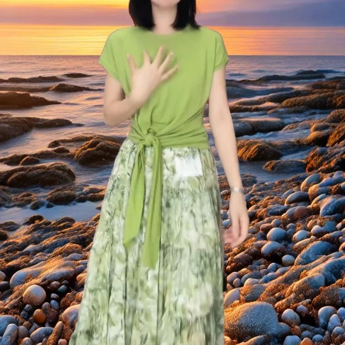 [工厂直销套装]夏季款薄荷曼波系带上衣高腰梨形印花裙99414+Q266