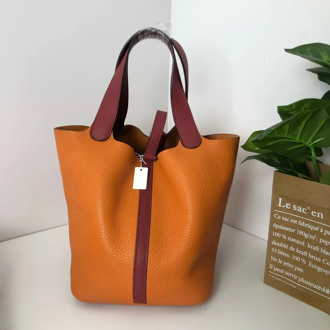 99新 Hermes/爱马仕 菜篮子22爱马仕橙拼浆果X刻手提包9479021