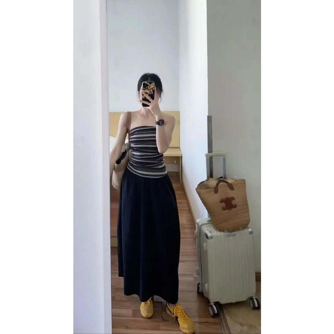 2025夏季新款辣妹风性感抹胸条纹背心修身显瘦别致上衣百搭半身裙