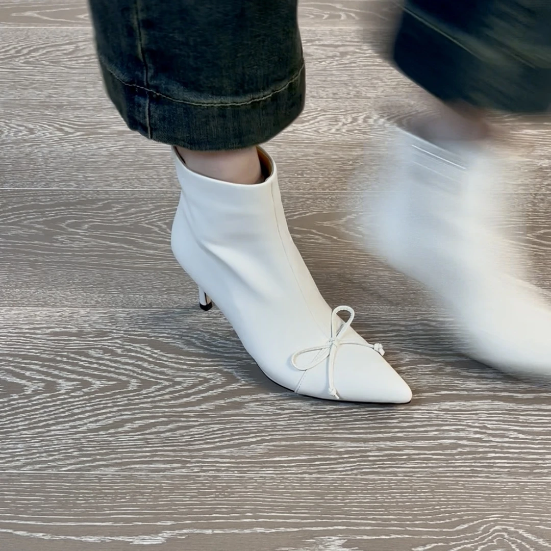 7CM牛皮秋尖头高跟法式粗跟冬黑色高跟短靴子秋冬细跟百搭女鞋