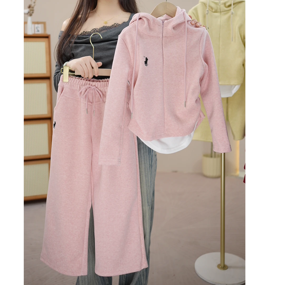 女童春款套装假两件休闲套装2025款洋气女孩连帽卫衣阔腿裤两件套