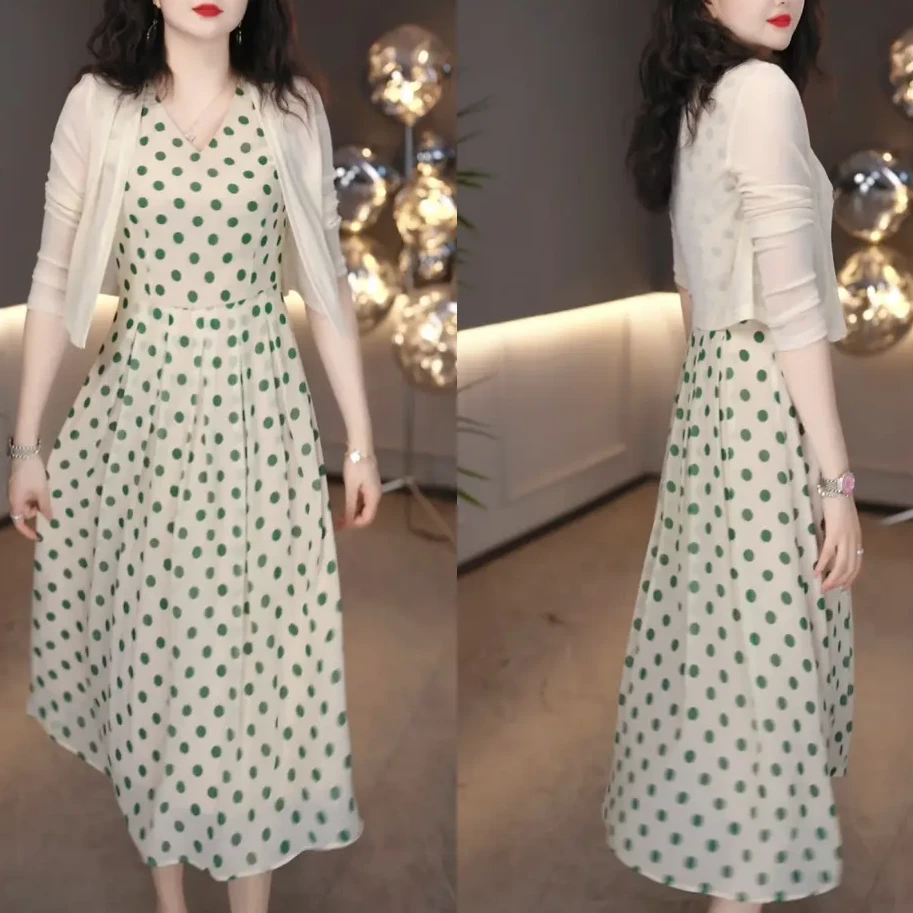 外衣 背心裙2025春季新款温柔杏色清新女神范气质波点连衣裙
