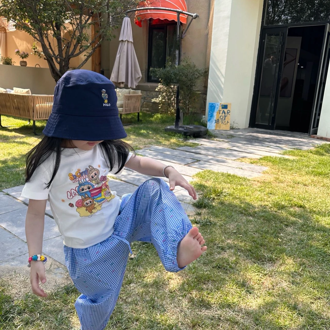 【现货】壹妈童装女童夏套装韩系新款套装夏女宝印花短袖条纹防蚊裤
