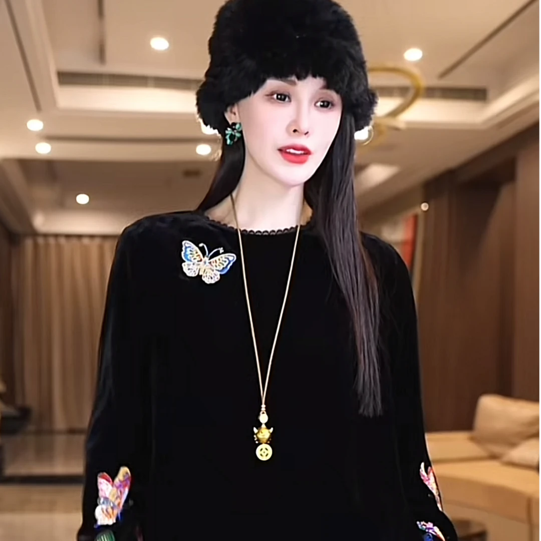 飞儿【袖彩蝶油】2025早秋新款丝绒拼接水貂毛上衣衬衫