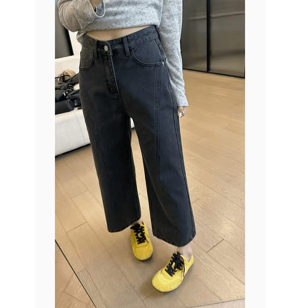 夏季薄料无弹设计款黑灰脏脏色八分裤小直筒裤显瘦牛仔裤女0677