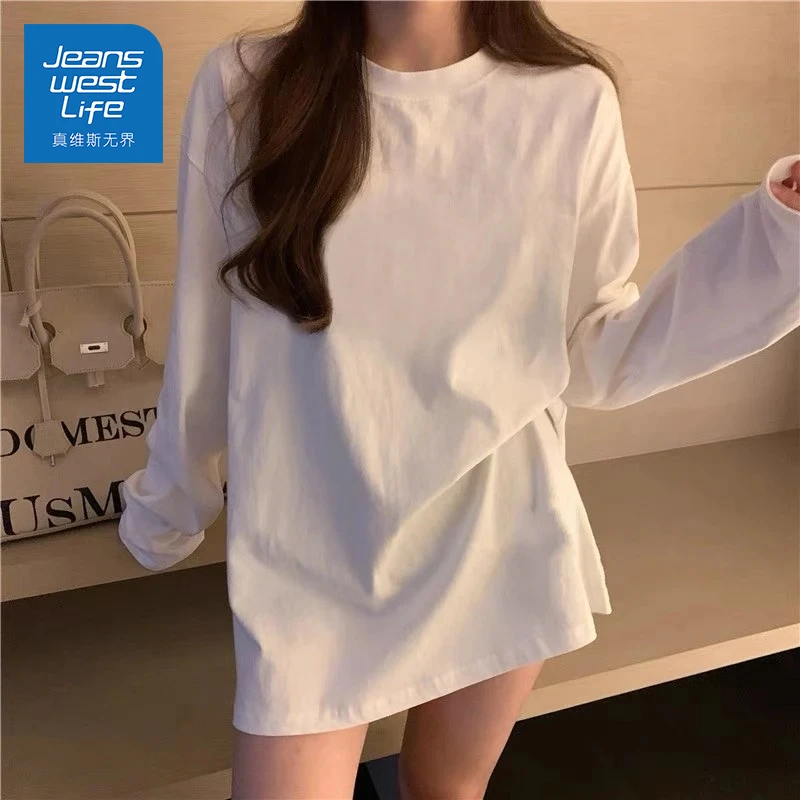 真维斯无界白色长袖T恤女2025年秋季纯棉圆领宽松街头打底上衣潮