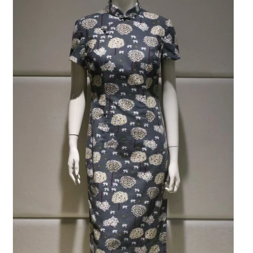 凤禧春秋全棉印花旗袍修身中长款短袖碎花优雅