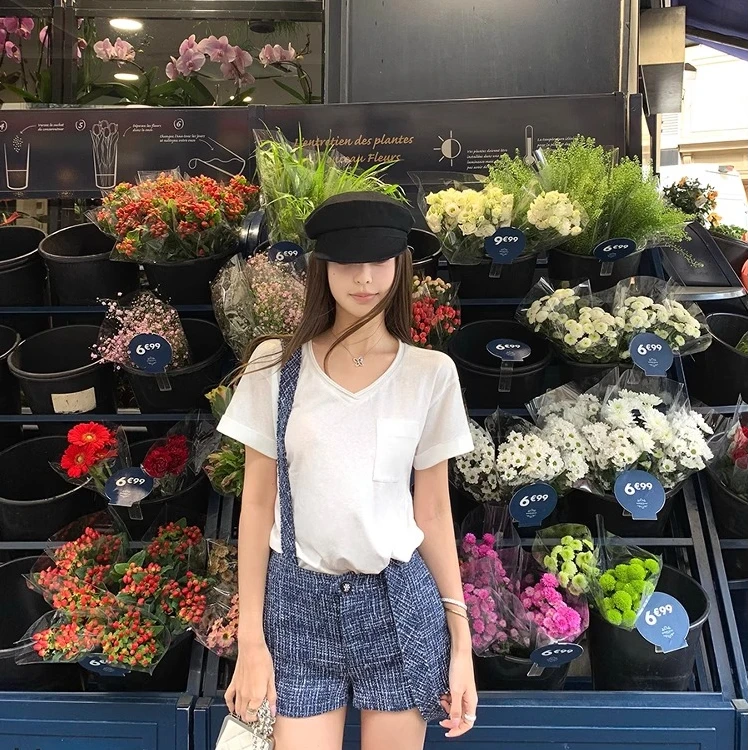 向晚·老钱麻感T恤袖口卷边V领短袖女夏慵懒宽松多色百搭上衣