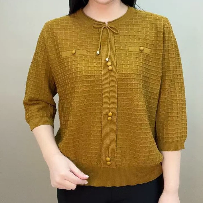 春季宽松洋气减龄高端圆领七分袖小衫中老年妈妈显瘦潮流针织毛衣