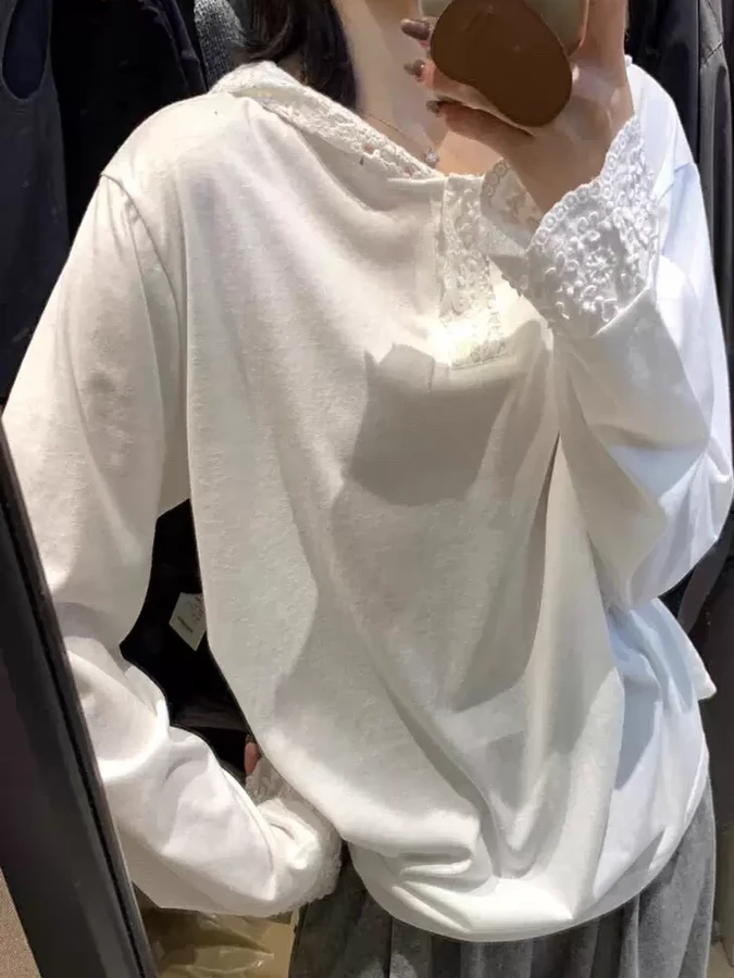 法式蕾丝花边连帽长袖t恤秋冬洋气减龄宽松白色内搭打底衫上衣女