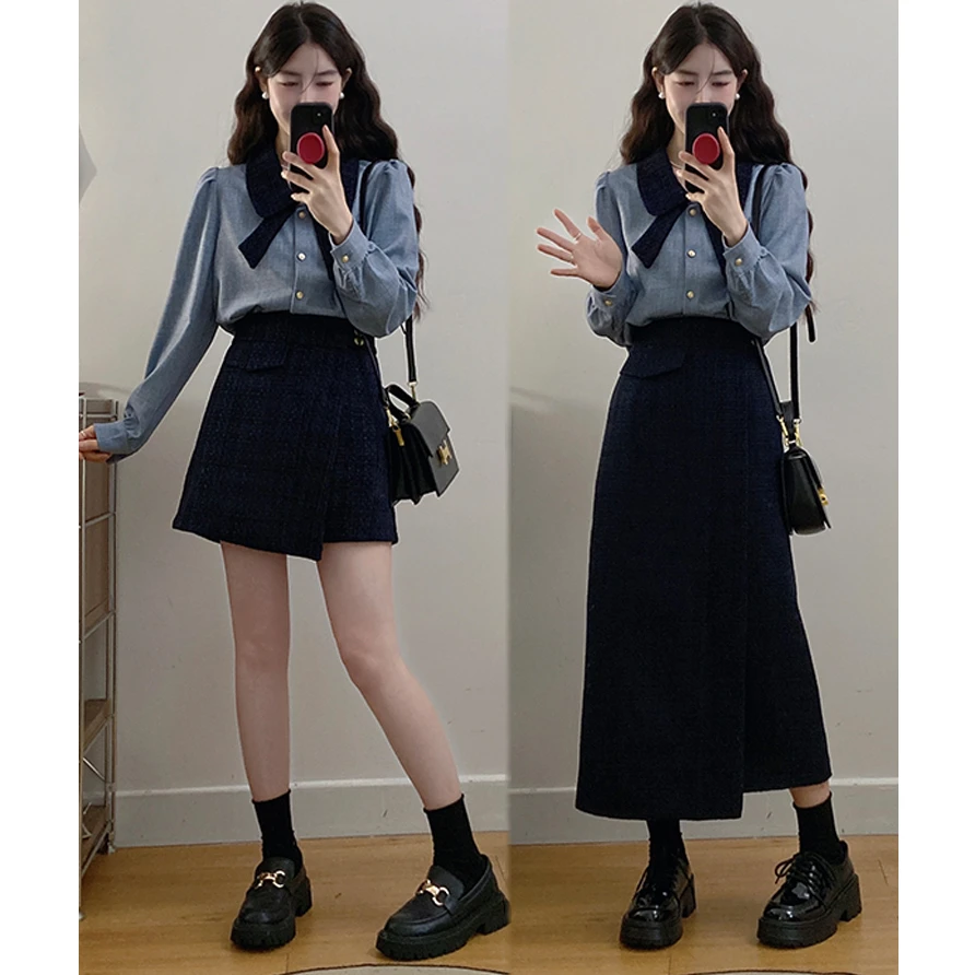 大码小香风长袖娃娃领衬衫+格纹毛呢半身裙女秋冬季遮肉显瘦套装