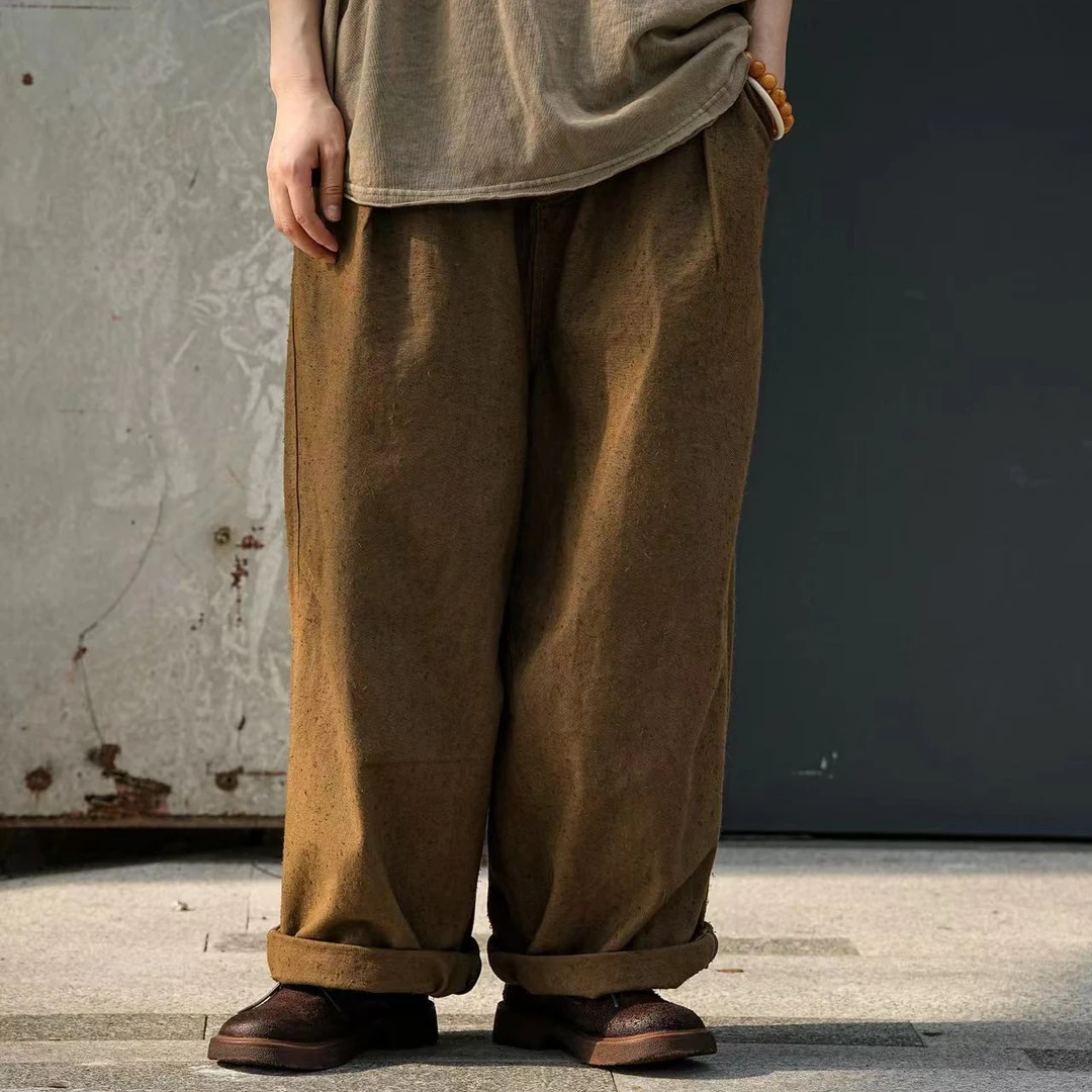 疯子张2023春秋原创有机棉磨毛直筒阔腿宽松纯色百搭休闲裤08185