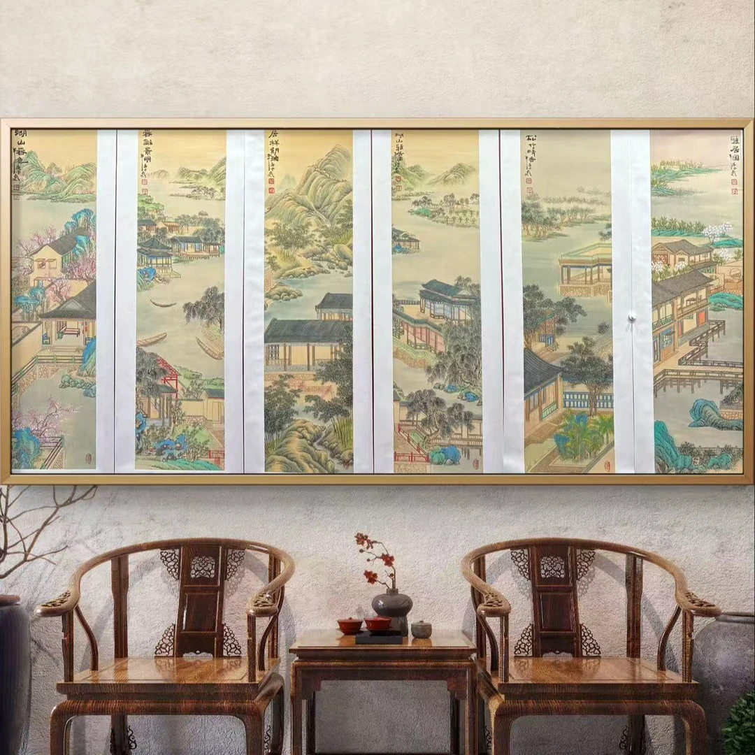 李春现/界画六条屏/138*34cm*6手绘 纸本