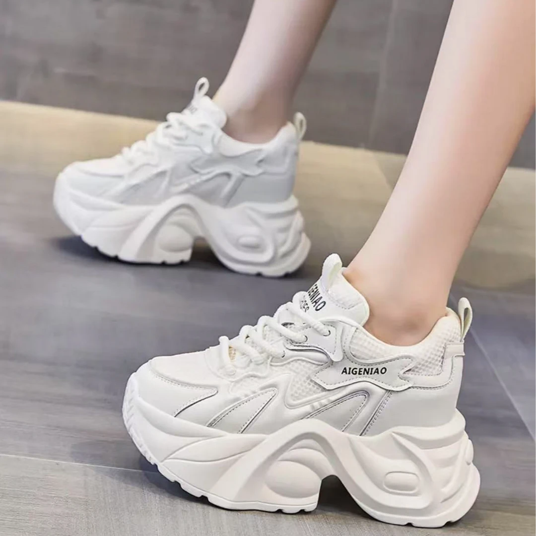 【增高10cm】老爹鞋2025春季新款网面休闲鞋透气松糕底白鞋 6418-1