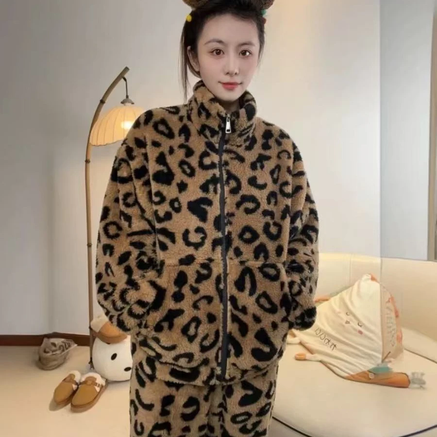 秋冬季加绒加厚豹纹睡衣套装女生新款时尚保暖家居服洋气可外穿