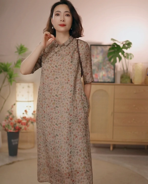 麻天下【芳草入眼】2025新款原创印花新中式斜襟春夏季苎麻改良旗袍