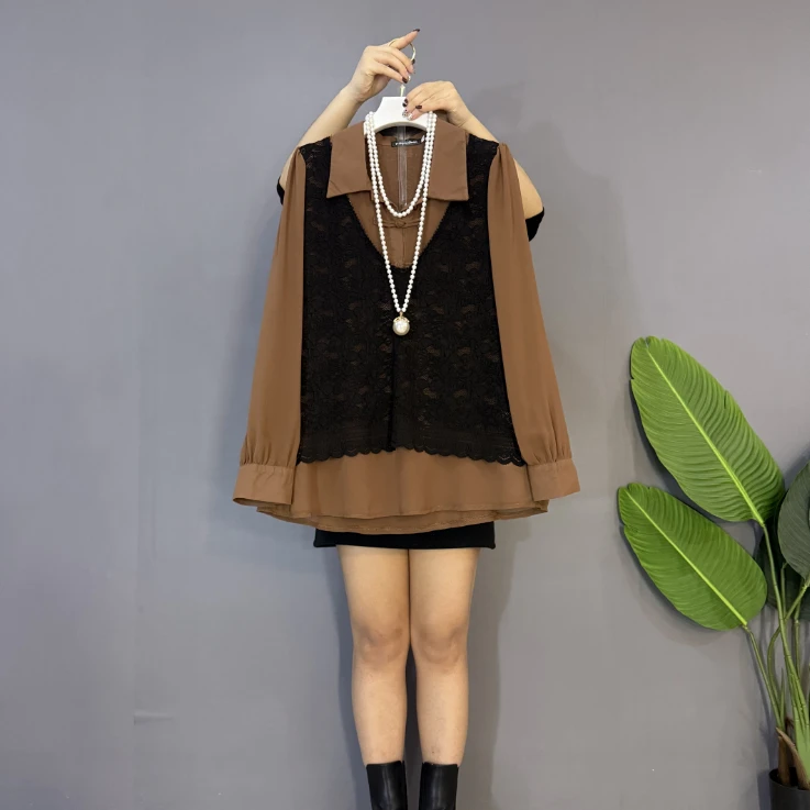 新款大码女装时尚洋气复古盘扣衬衫拼接蕾丝假两件上衣