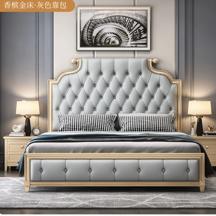 美式主卧大床意式真皮轻奢现代简约双人床实木婚床1.8米皮艺床