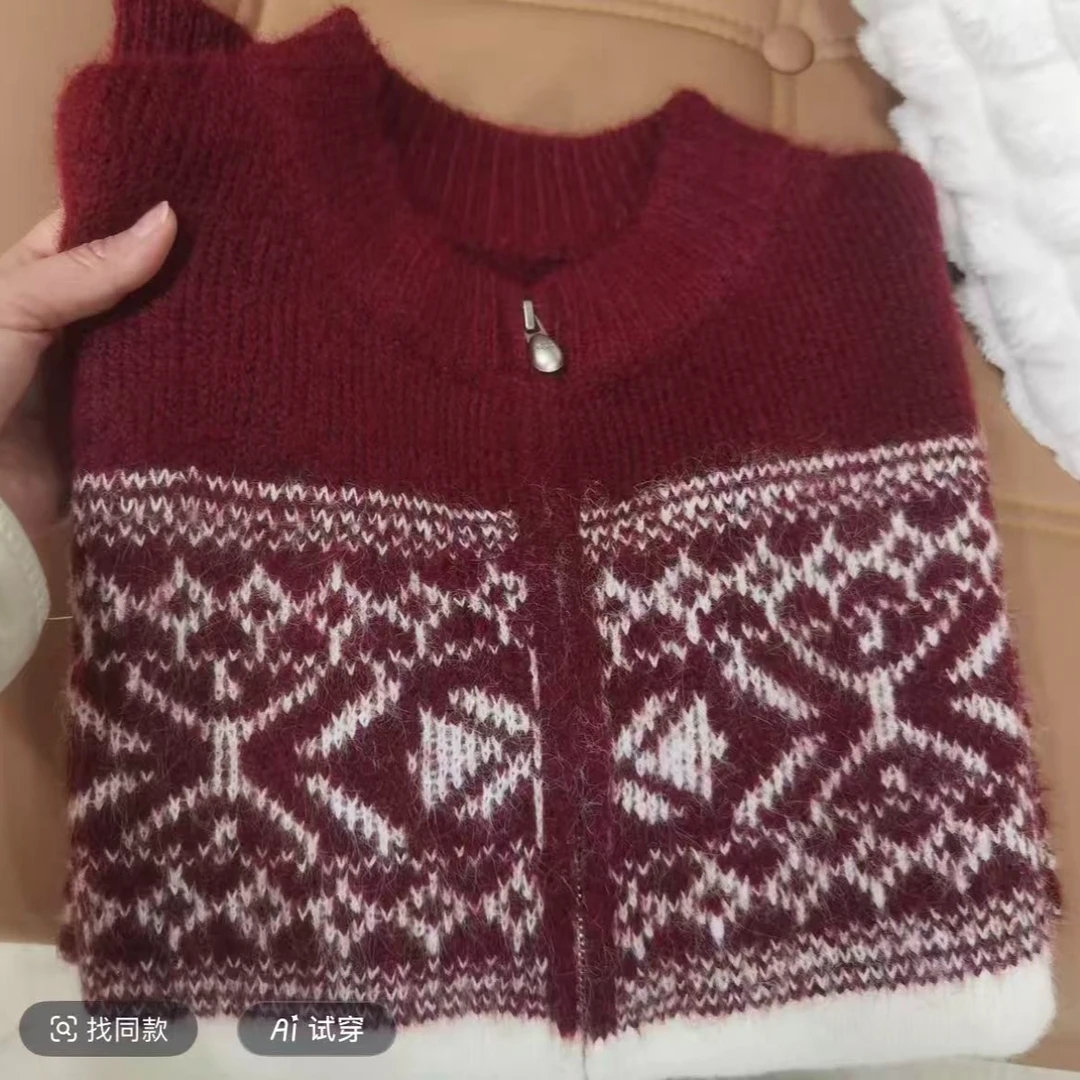 453-【拉链-红色加厚】高级感气质针织女秋冬款羊绒毛衣