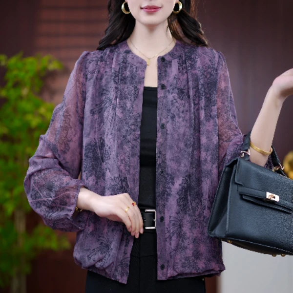 2025新款断桥紫霁温柔开衫女衬衫外套薄款防晒衫外搭空调衫夏