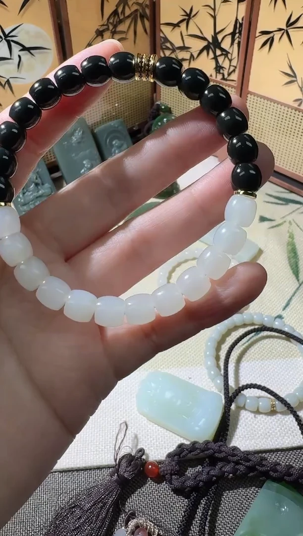 未镶嵌手串和田玉于田赛迪库拉姆冰坑料搭塔黑精工8*9mm手串