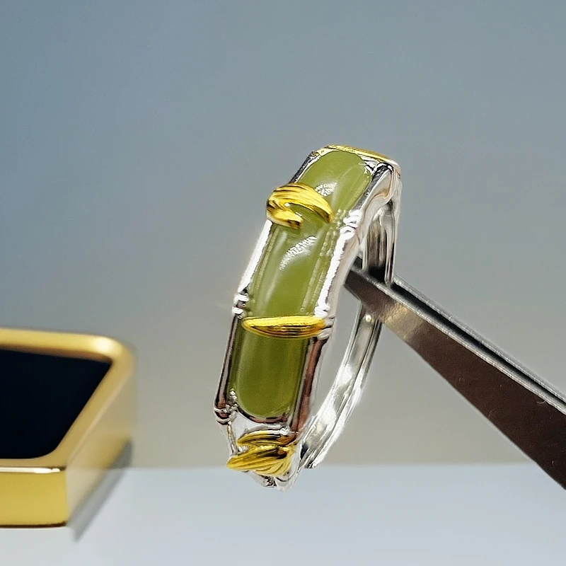 S925银镶嵌和田玉戒指竹节款节节高升中式国风轻奢保真时尚气质