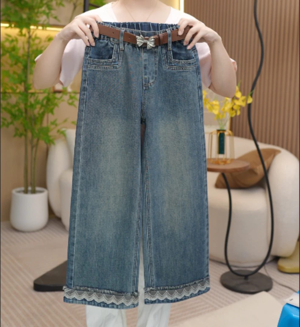 新款女童秋季个性洋气长裤时尚百搭休闲裤脚花边直筒牛仔裤