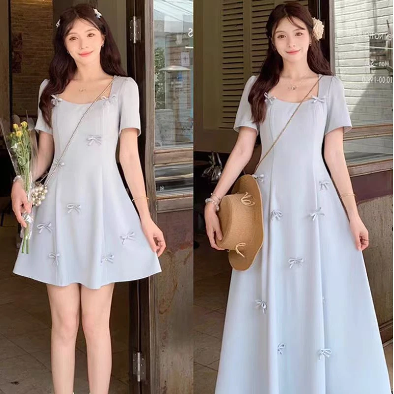 【清货】夏新款收腰气质小个子长裙胖MM法式蝴蝶结温柔裙子1811