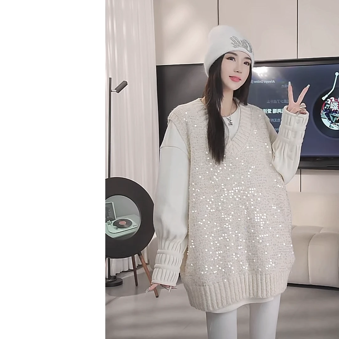 【赵一一】亮面单坎肩针织马甲v领设计款洋气叠穿百搭无袖女 Y22622