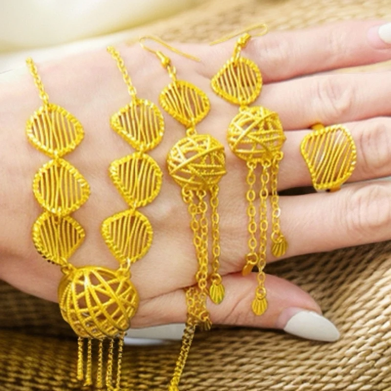 铜合金项链 欧美金色编织气质轻奢新款耳环项链戒指三件套