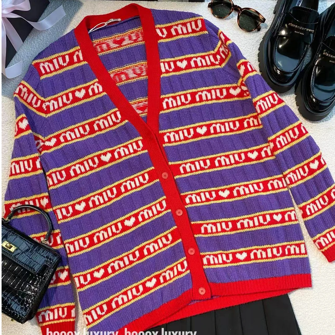 95新 MIU MIU/缪缪  AA3816 绵羊毛 拼色满印Logo开衫毛衣 36码