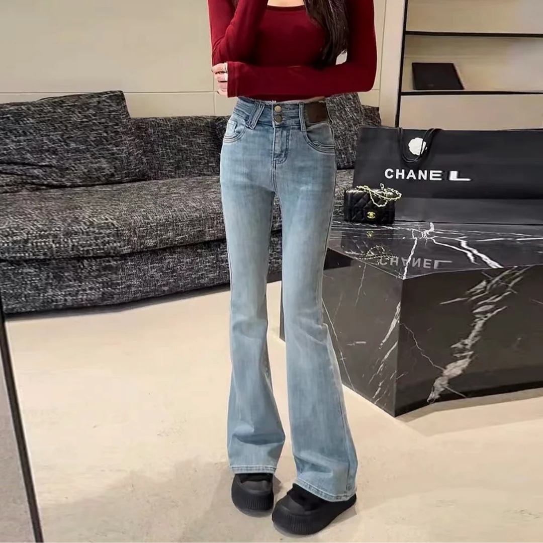 2025早春新款高腰贴标时尚显瘦修身牛仔喇叭裤9118