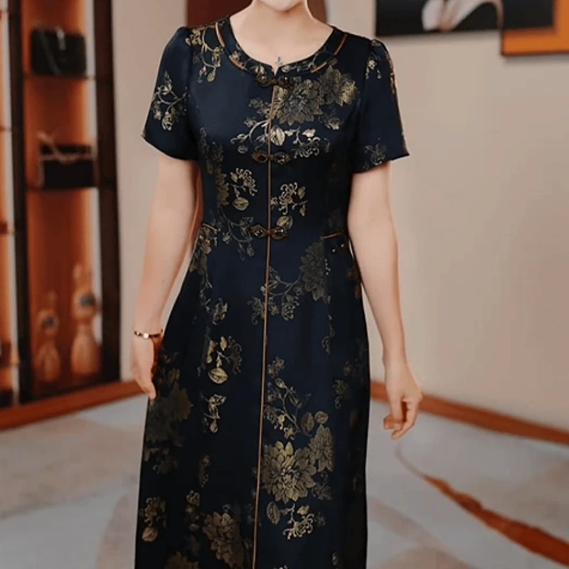 A142【连衣裙】2025夏季新款时尚优雅高端精致印花显瘦遮肚连衣裙