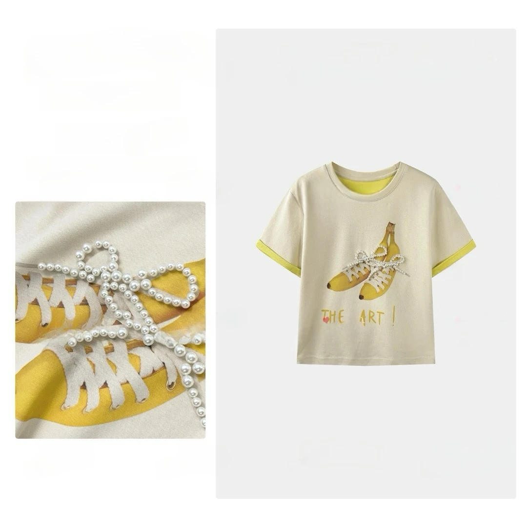 香蕉泡珠 2025新款短袖欧货双色面料设计T恤衣服女上衣