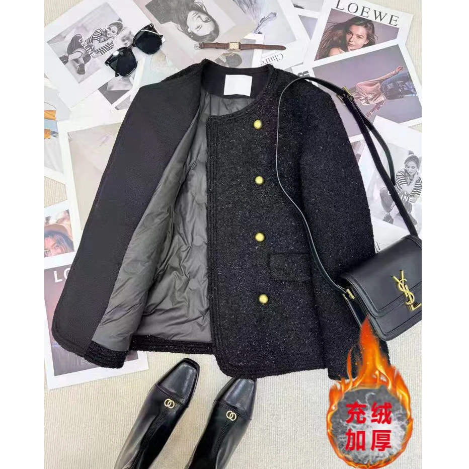 【现货+运费险】长款充绒内胆精致小香风黑色亮丝显瘦精致保暖P2433