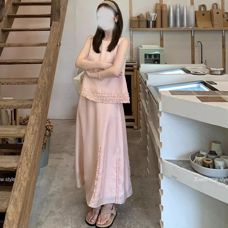 2025夏季新爆款巨好看的夏日花边上衣女高腰中长款半身裙两件套装