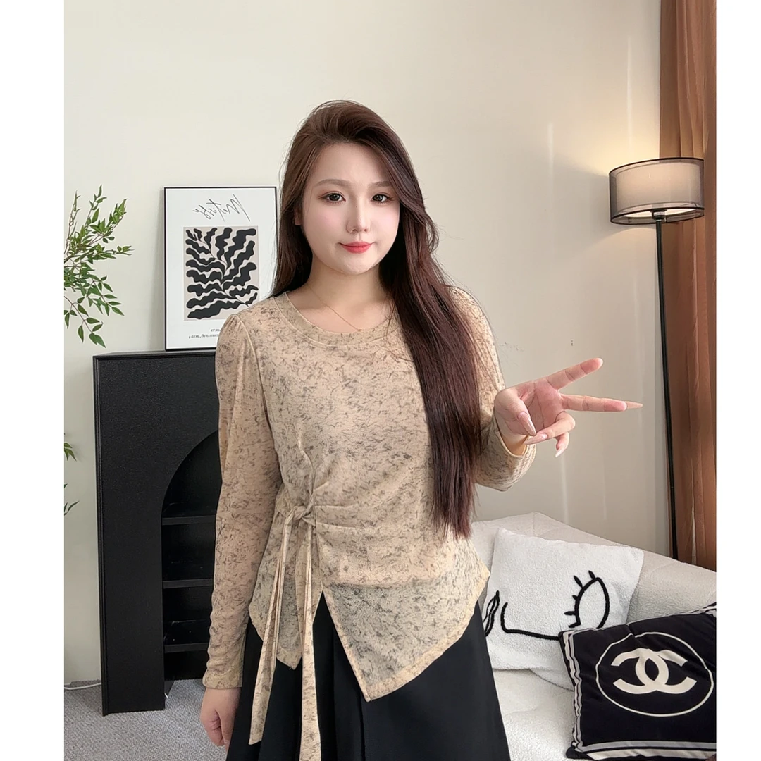 2025早秋新款韩版不规则扎染长袖T恤女修身显瘦绑带斜肩打底上衣