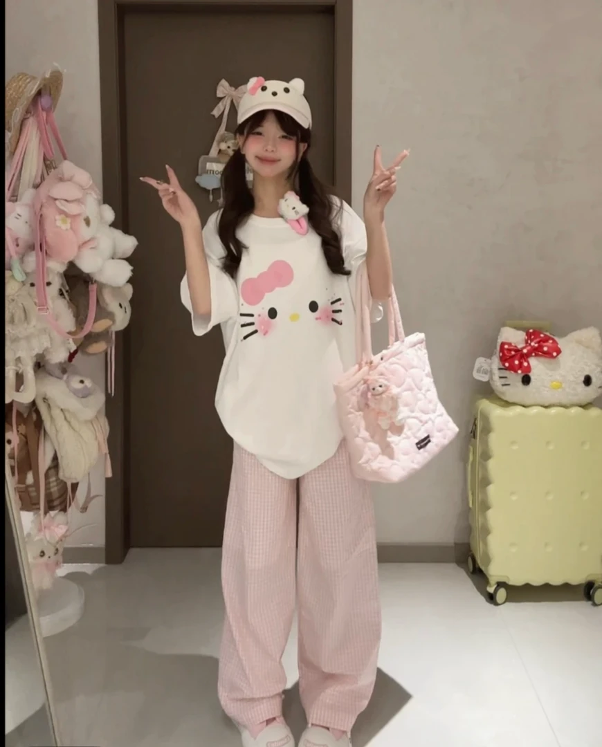 夏季卡通HelloKT猫小众设计潮牌美式宽松休闲学生纯棉短袖上衣