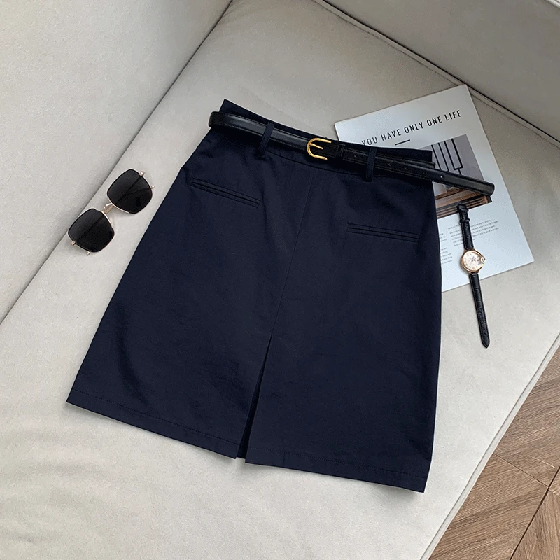 【南油子宸】藏青色开叉中裙夏季高腰显瘦气质休闲腰带半身裙800985