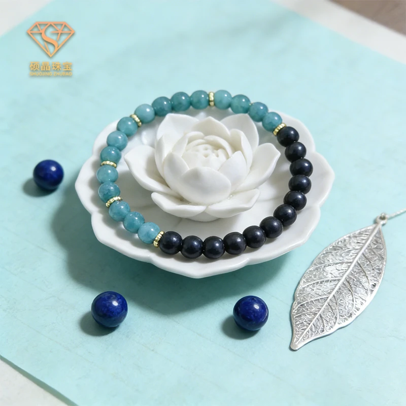 双色天然翡翠淡青配黑木珠鎏金色隔片点缀国风复古男女手串CX4010